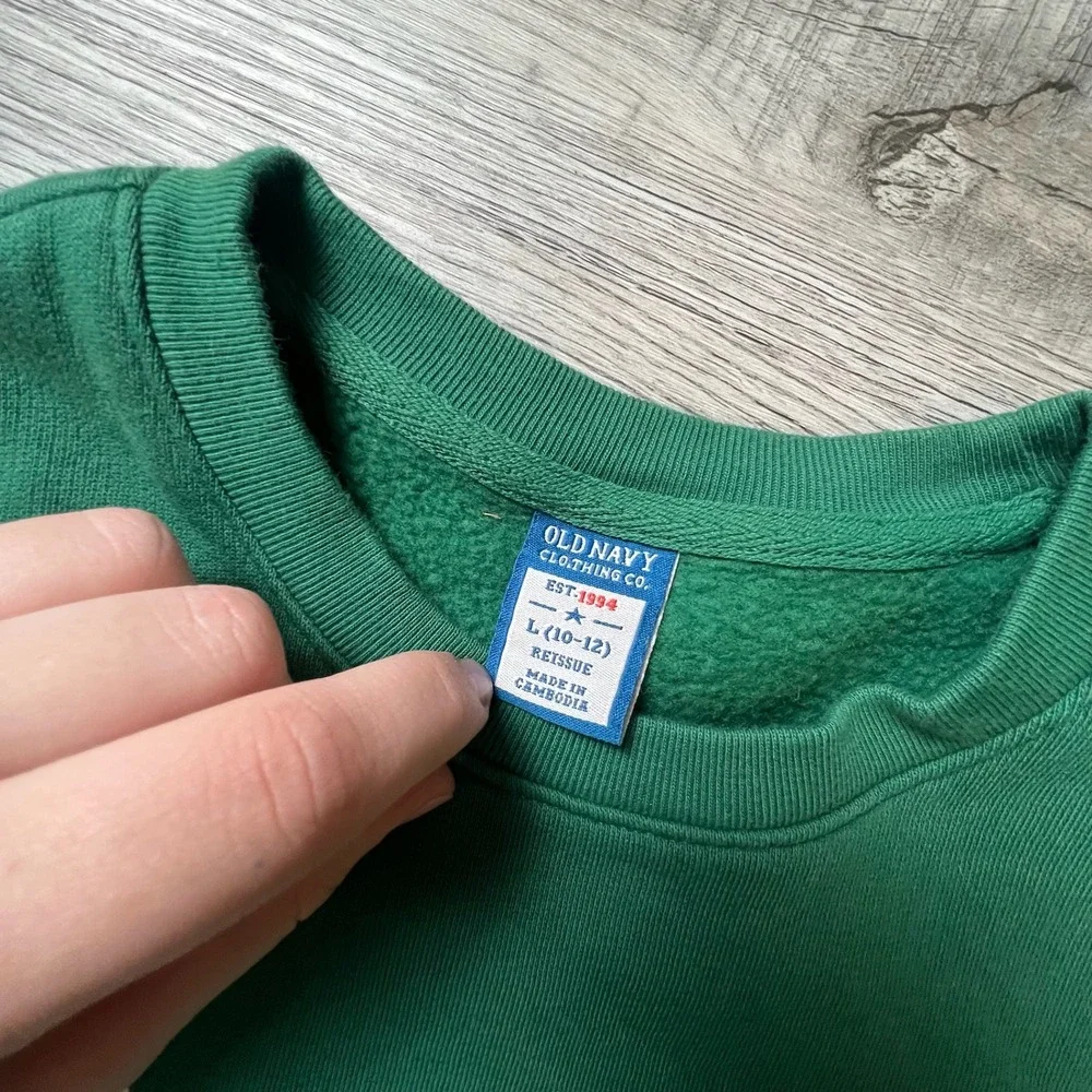 Old Navy Sweatshirt Kids L 10-12 Green Reissue Graphic‎ Logo Fleece Pullover K68